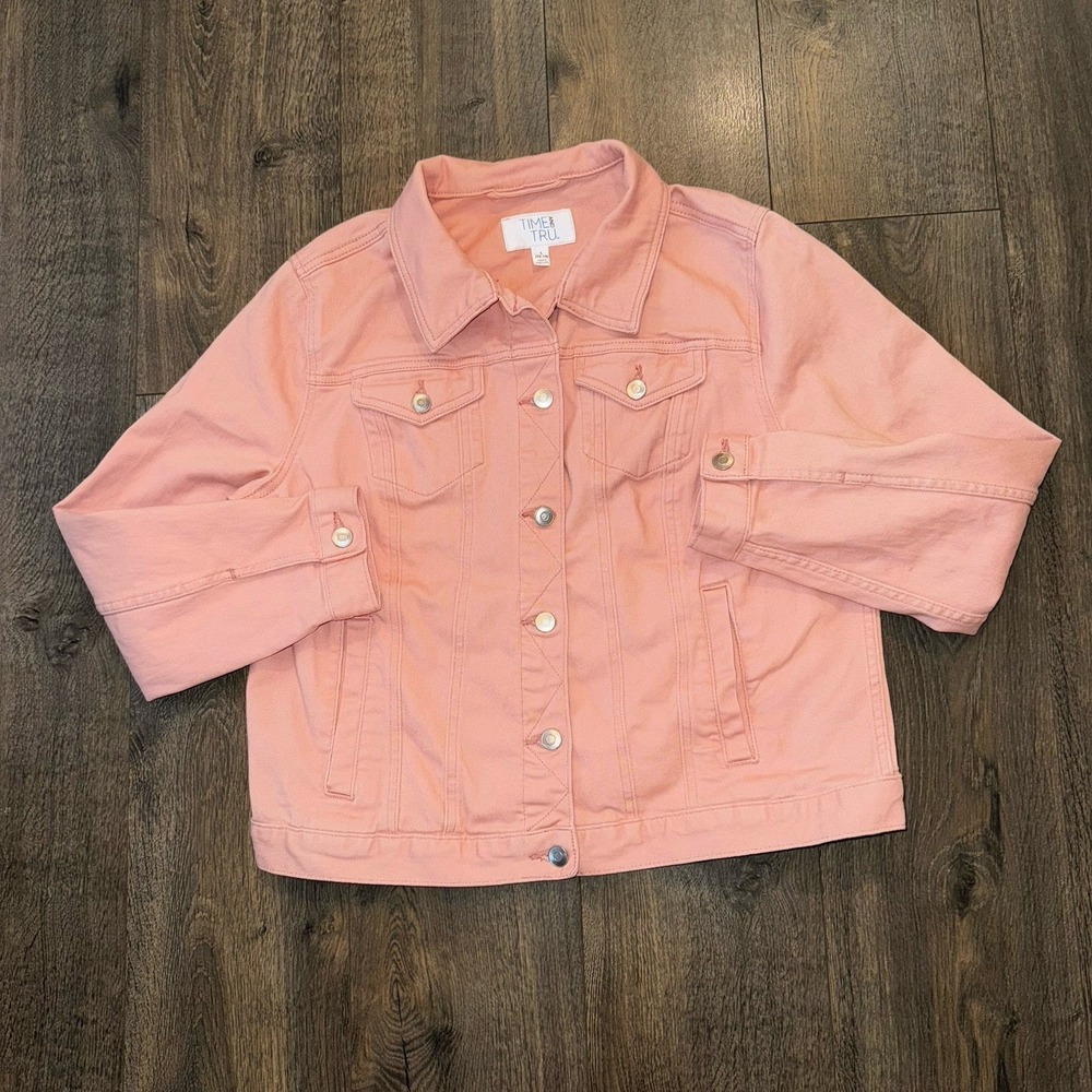 Time True Women Sz L Denim Jacket Button Front Utility medium wash Dusty Pink